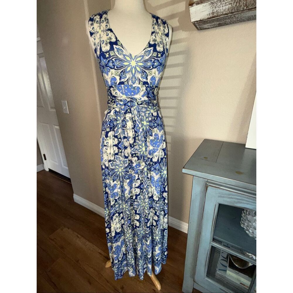 Anthropologie Vanessa Virginia  V-Neck Tie Waist Jersey Maxi Dress Blue White S